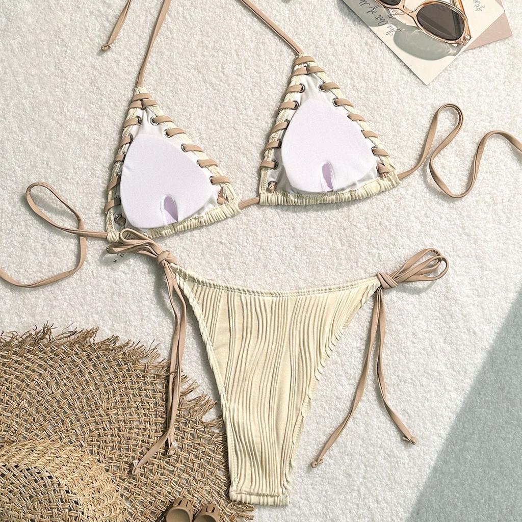 Sexy Triangle Bikini Set New Solid Color Textured Ribbed Halter Lace Up Tie Side Summer Beach Vacation Ins Fashion Swimwear