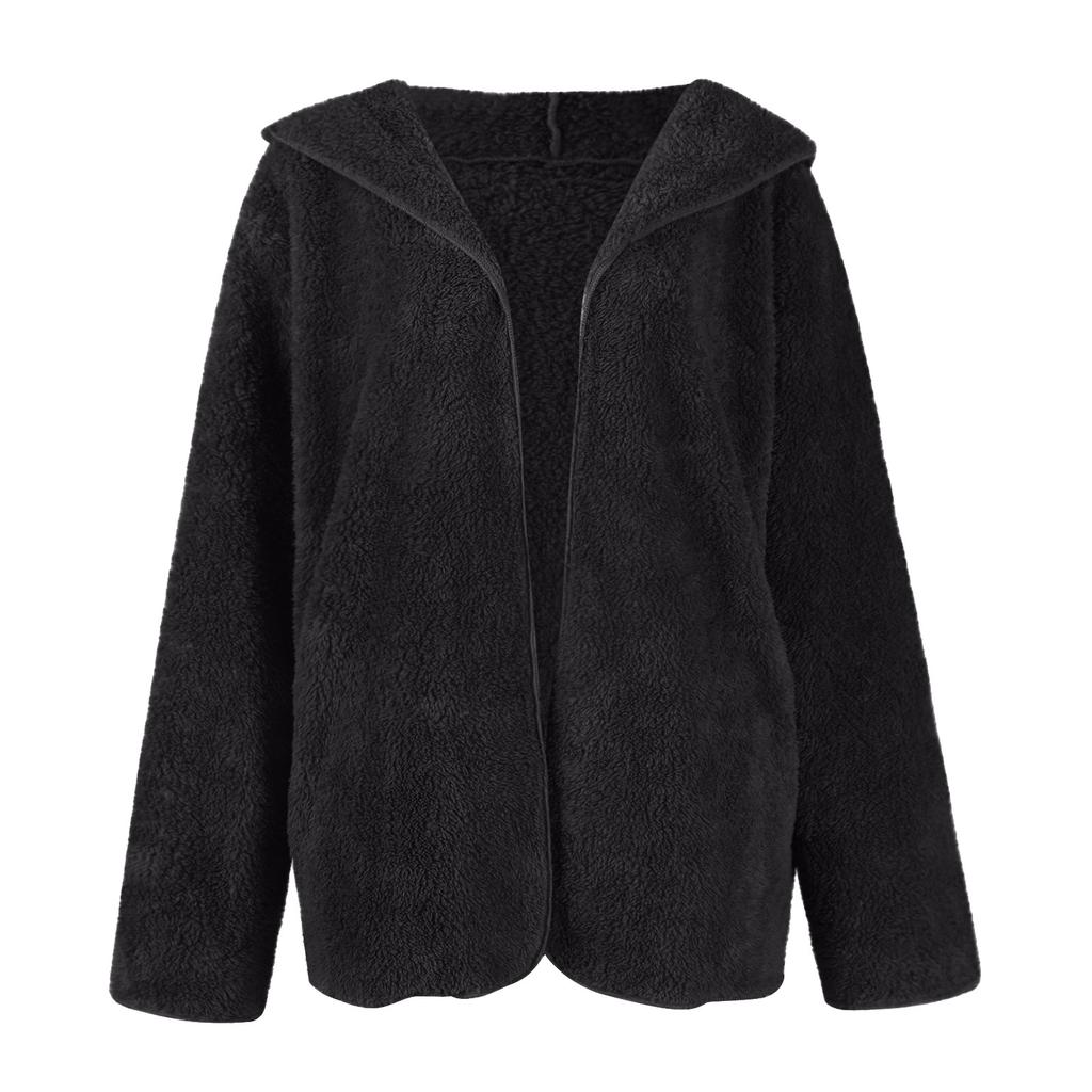 Womens Plush Jacket Oversized Jacket Coat With Pockets Open Front Hooded Fuzzy Cardigan