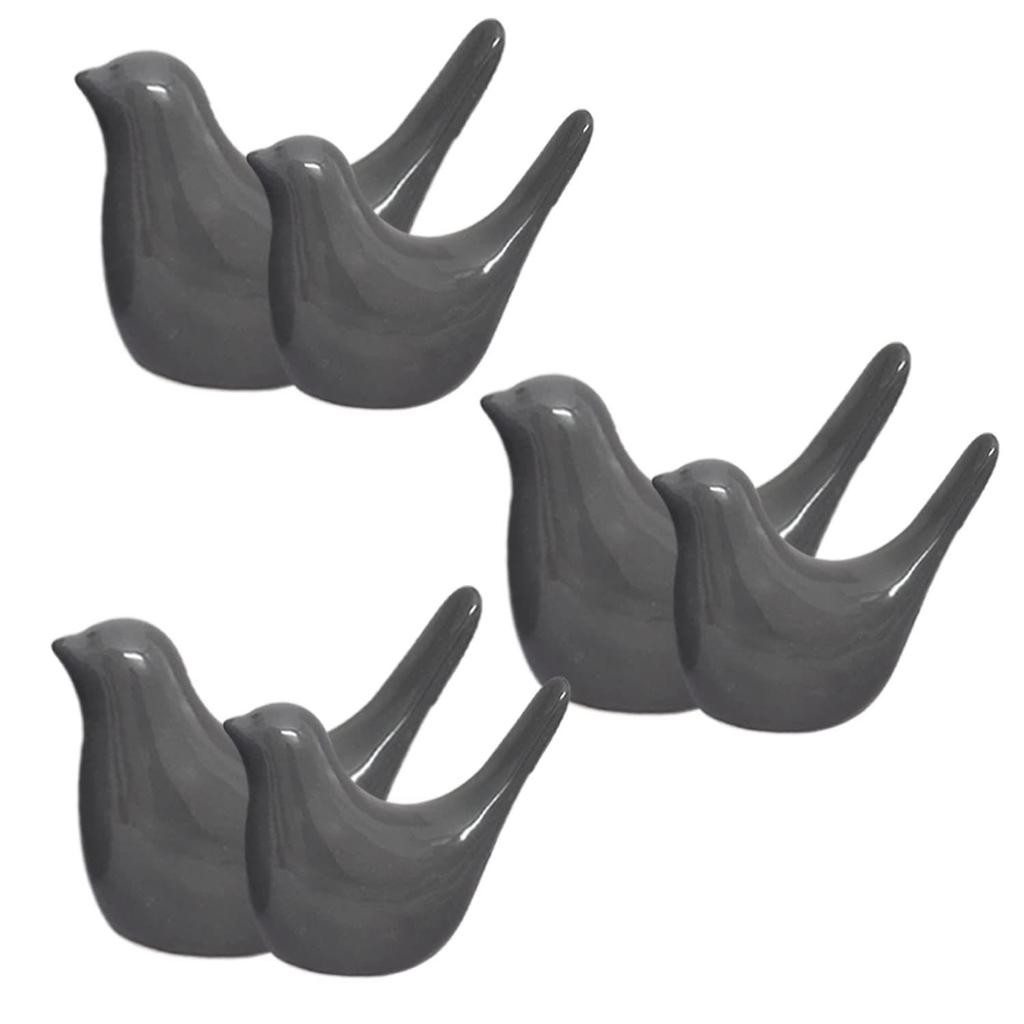 Creative Grey Birds Glossy Ceramic Birds Figurines Home Decorations Accessories Party (Pack of 6, Solid Grey)