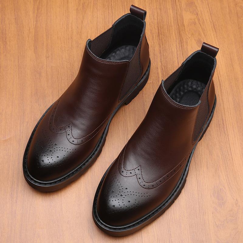 British Chelsea Short Boots Men's Gloves Martin Boots Fleece Versatile Brock Carved Business High Top Leather Boots