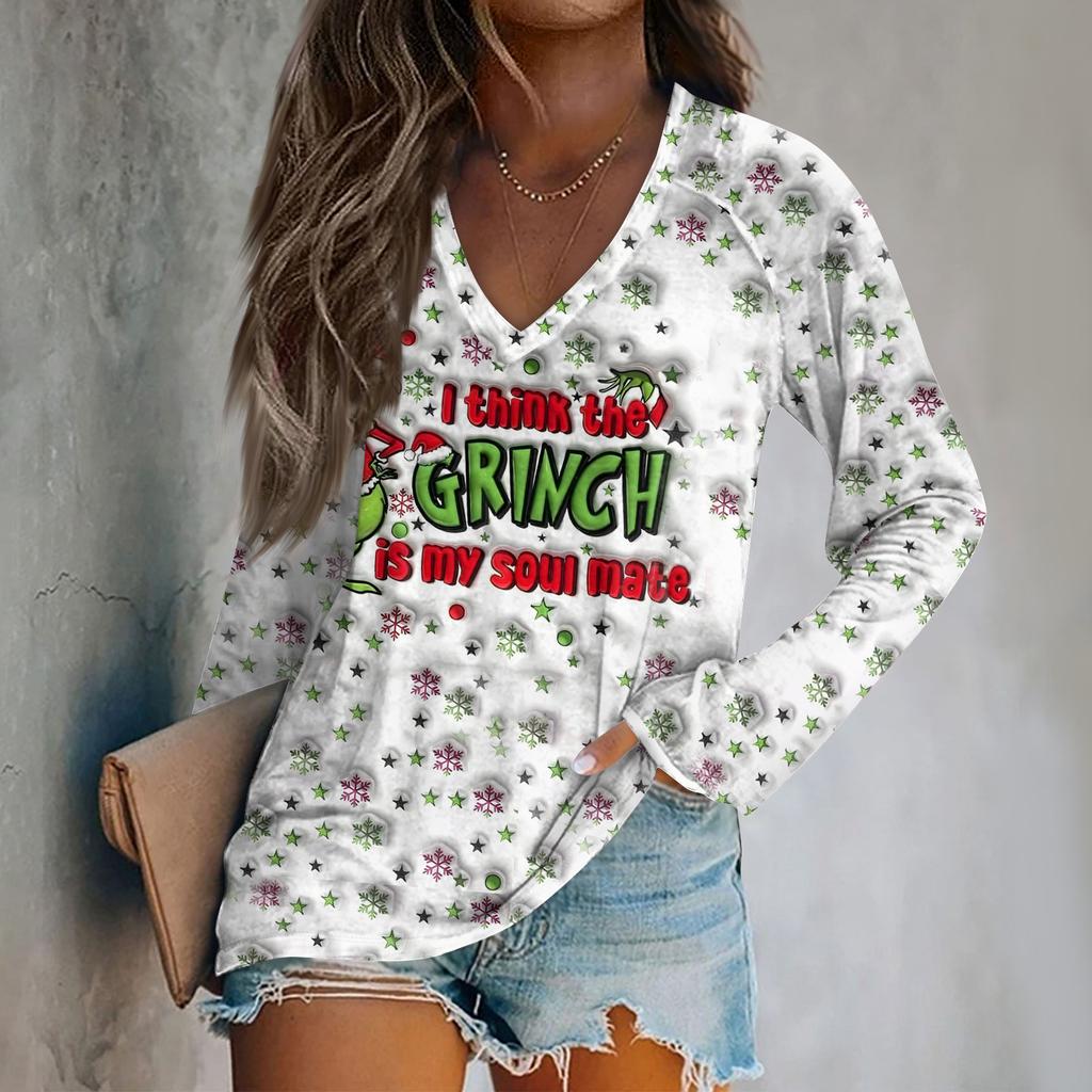 Women's Fashion Loose Raglan Sleeve T-Shirt With Christmas Print Casual Top