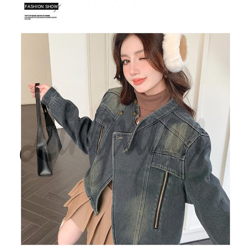 Stand Collar Korean Style Denim Jacket - Autumn/Winter Warmth with Plus Velvet for Versatile Layering S