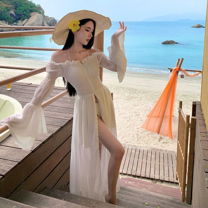 Design Sense White Flared Sleeve Wrap Pleated Split Pipe Top Long Dress Xianhai Island Resort Beach Dress