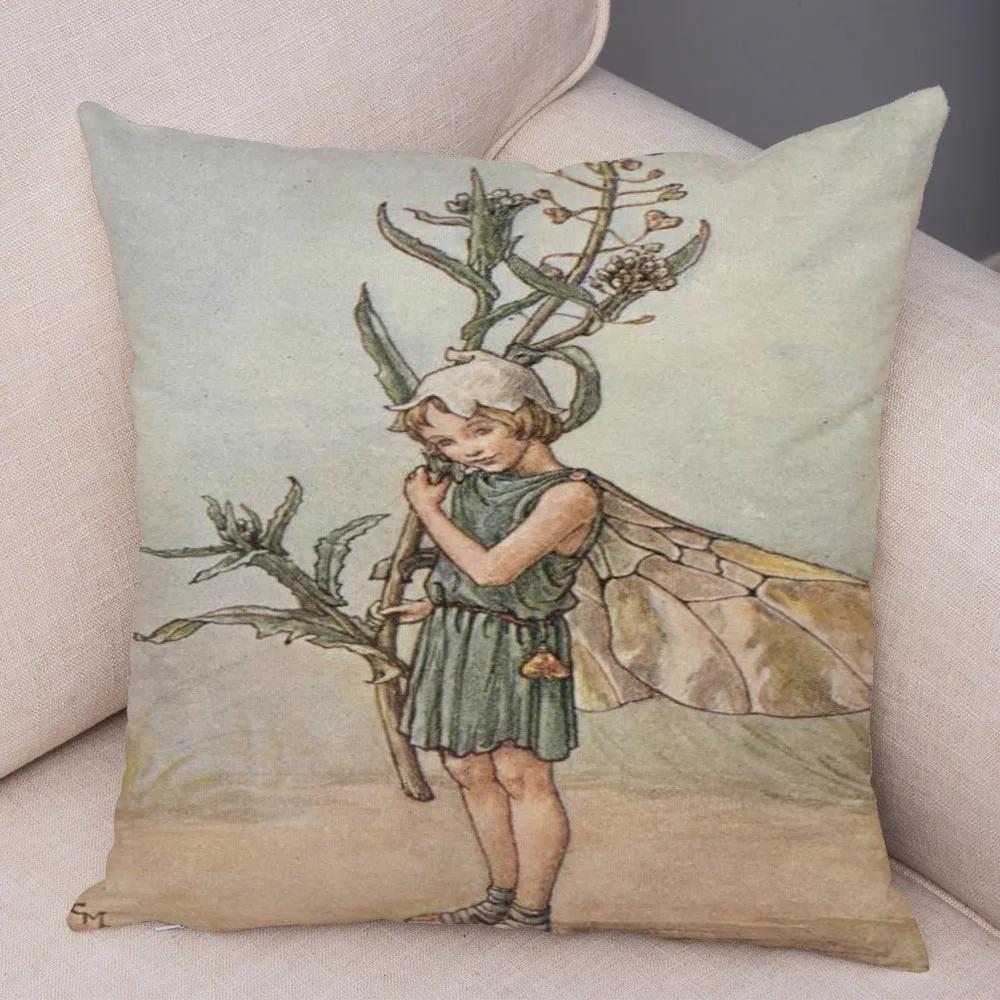 Vintage Cartoon Elfen Kissenbezug Dekor Bunte Märchenwelt Kissenbezug Plüsch Blumenmädchen Kissenbezug für Sofa Zuhause