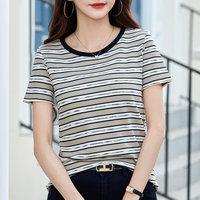 Women's Striped T-shirt Short-sleeved Spring and Summer Outside The New Round Neck Knit Shirt Bottoming Inside The Shoulder Slim Top