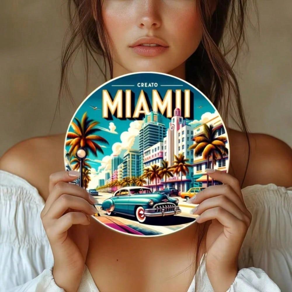 Vintage Miami Scéna Hliníková Kovová Cedule 1ks Dekorativní Nástěnné Umění Palmy Dekor Domácí Místnosti