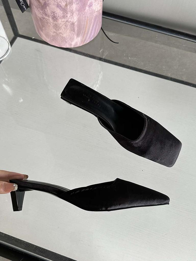 Mode Square Toe Frauen Slides Hausschuhe Sommer draußen Pantoletten Schuhe dünne niedrige Absätze grün schwarz beige rosa Rose flach Slip auf Pumps 39