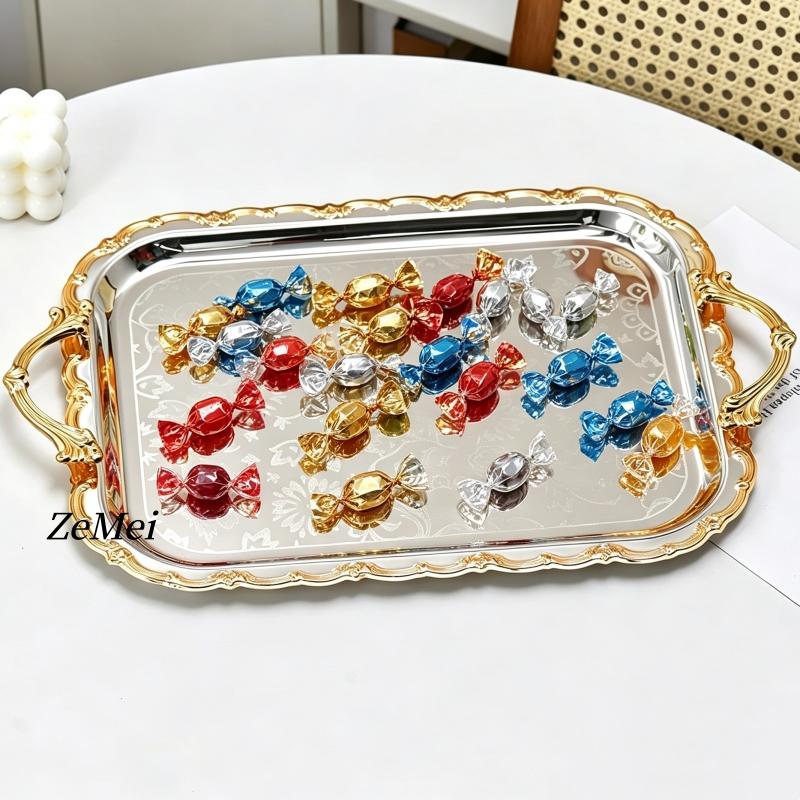 Middle East-Style Rectangle Dessert Plate,Portable Polishing Platinum Metal Fruit Tray, Cake Storage Plate Home Decoration