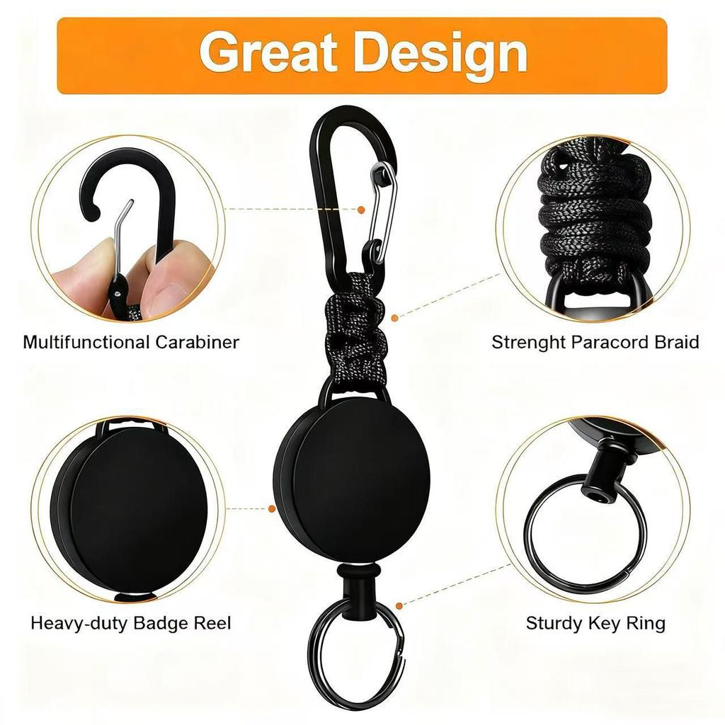 4CM Black Plastic Carabiner Paracord Retractable Keychain with High Elastic Easy-Pull Buckle