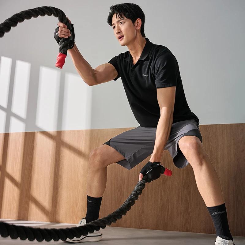 Li-Ning Fitness Series Jednobarevné ležérní polo tričko s krátkým rukávem Pánské topy Černá APLU253-1