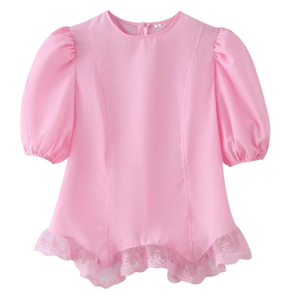 European and American Women's Clothing Popular Fashion Casual Bud Edge Bubble Sleeves Short-sleeved Tops