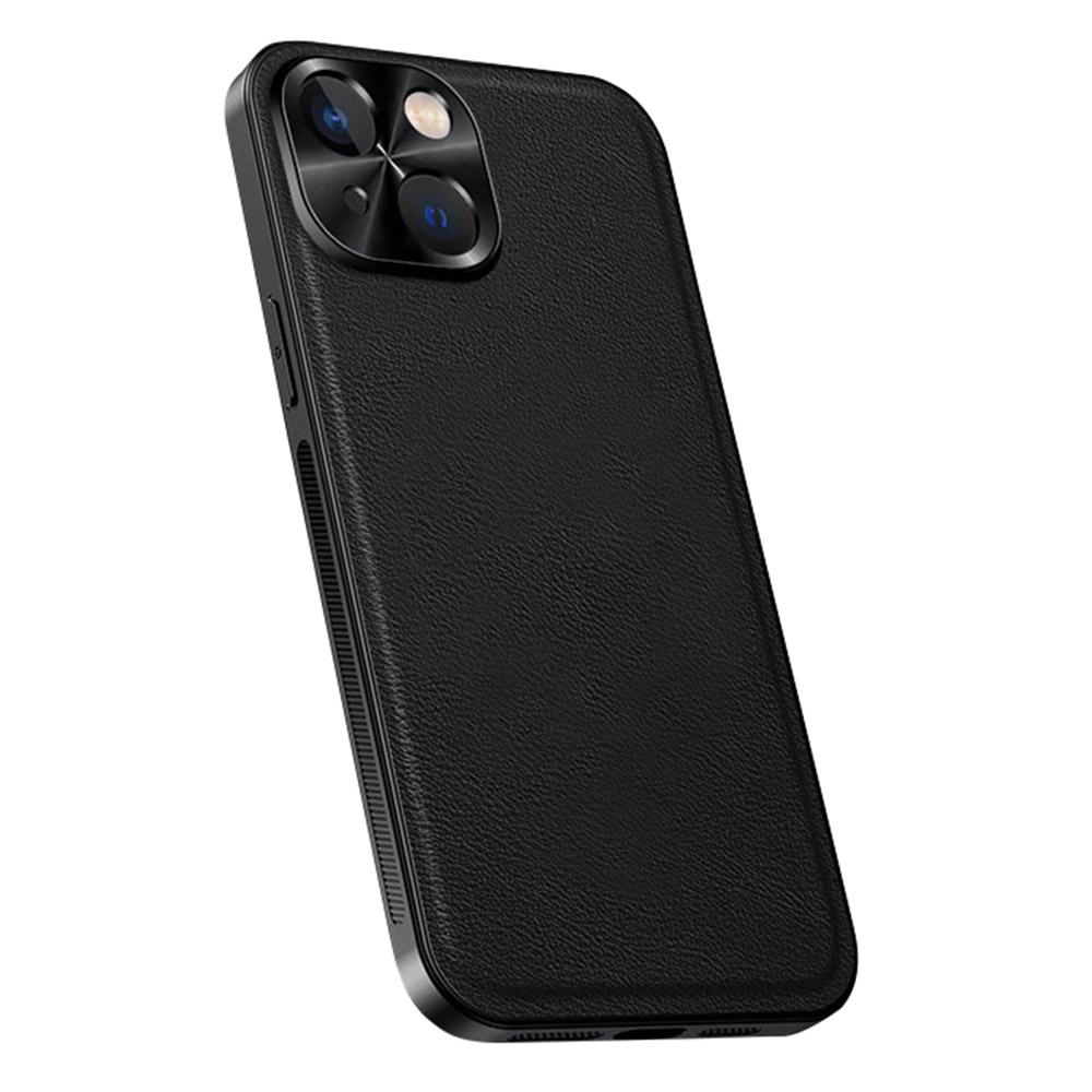 

For iPhone 15 Case PU+TPU+PC Phone Back Cover with Metal Lens Frame Black