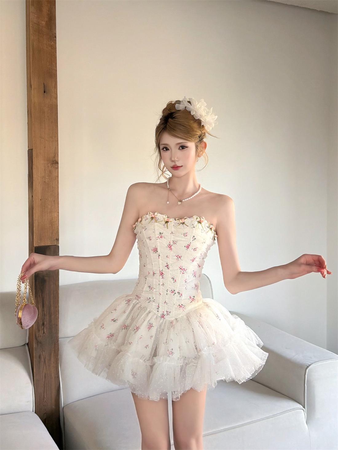 Цветочное strapless пышное платье принцессы на день рождения Large белый