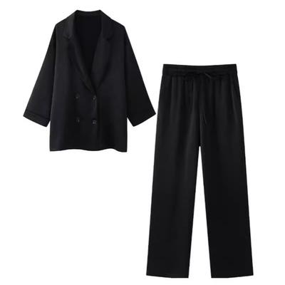 Women's Double-Breasted Loose Blazer Coat and High Elastic Waist Wide Leg Pants Female Ashion Two Piece Sets