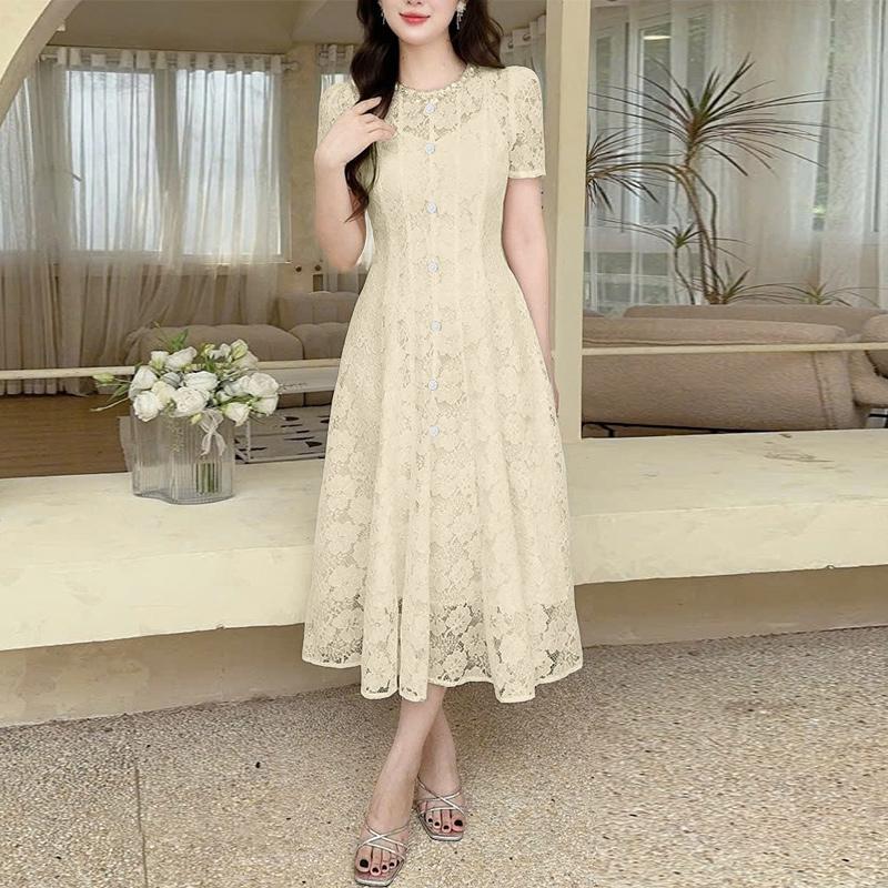 ZANZEA Women Casual Round Neck Summer Patchwork Lace Short Sleeve Dress M абрикосовый