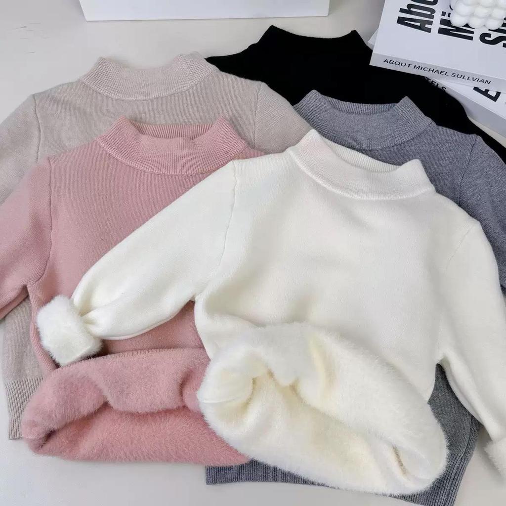 Girls' Fleece-Lined Thick Soft Base Layer Sweater - Half-High Collar for Autumn/Winter