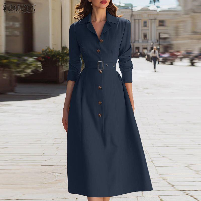 ZANZEA Lässiges Damen-Kleid mit Umlegekragen und langen Ärmeln