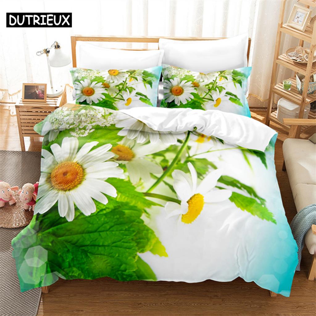 Flowers Green Leaves Queen Bedding Set Duvet Cover Bedroom Bed Set Comforter Cover Set King Size Duvet Cover Set Bedding Sets