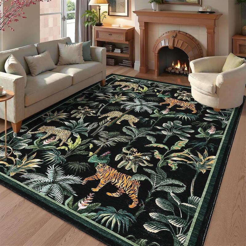 Retro Jungle Tiger Pattern Living Room Carpet Machine Washable Restaurant Soft Non-slip Floor Mat Home Decor Bedroom Bedside Rug