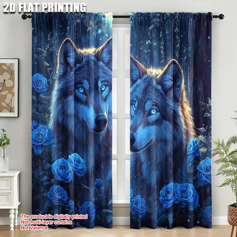 2pcs,2D plane printing Minimalist Curta Mystical Wolf & Blue Roses Polyester Easy Install (without rod) Holiday for Kitchen,