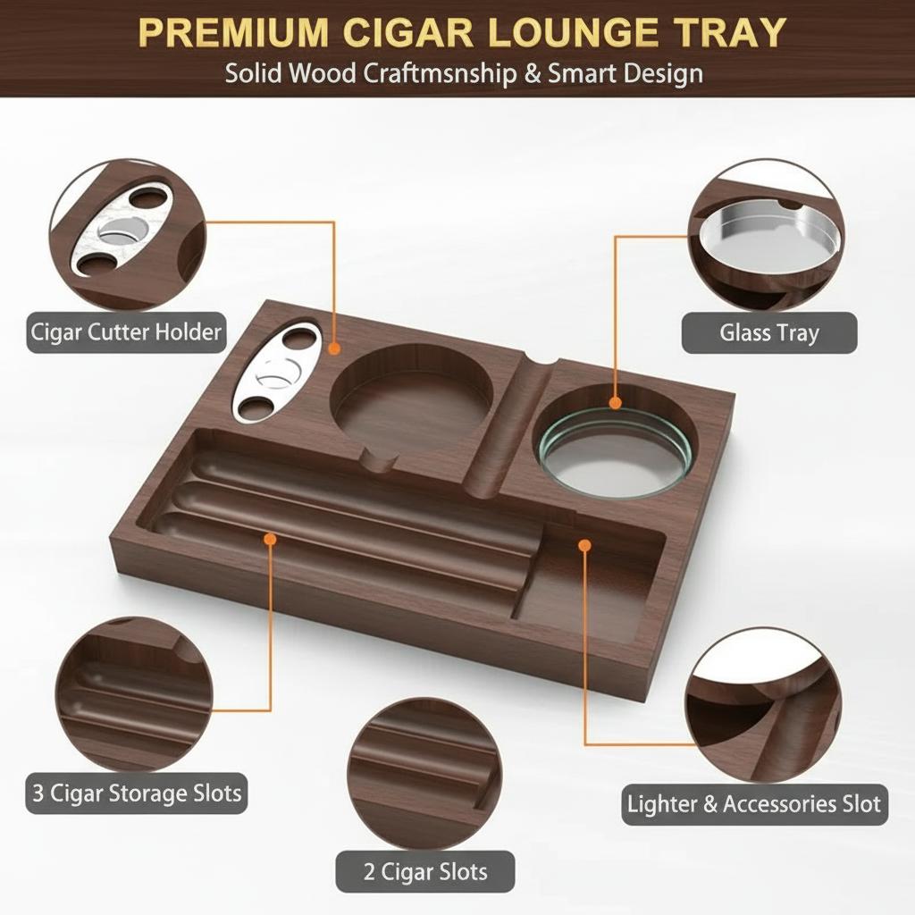 Luxury Wooden Cigar Ashtray Set with Cutter and Whiskey Glass Holder, Portable Walnut Cigar Tray for Men, Father's Day Gift