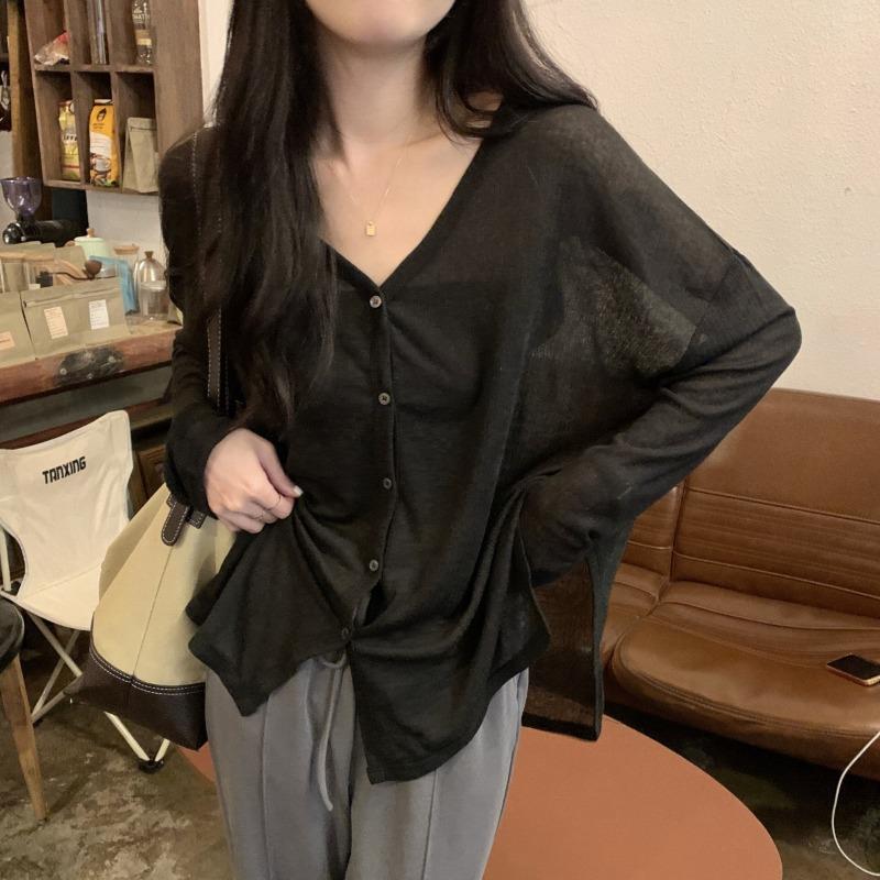 

Thin large-size sunscreen air-conditioning shirt for women s early spring split ends and thin long-sleeved single-breasted top blouse XL чёрный