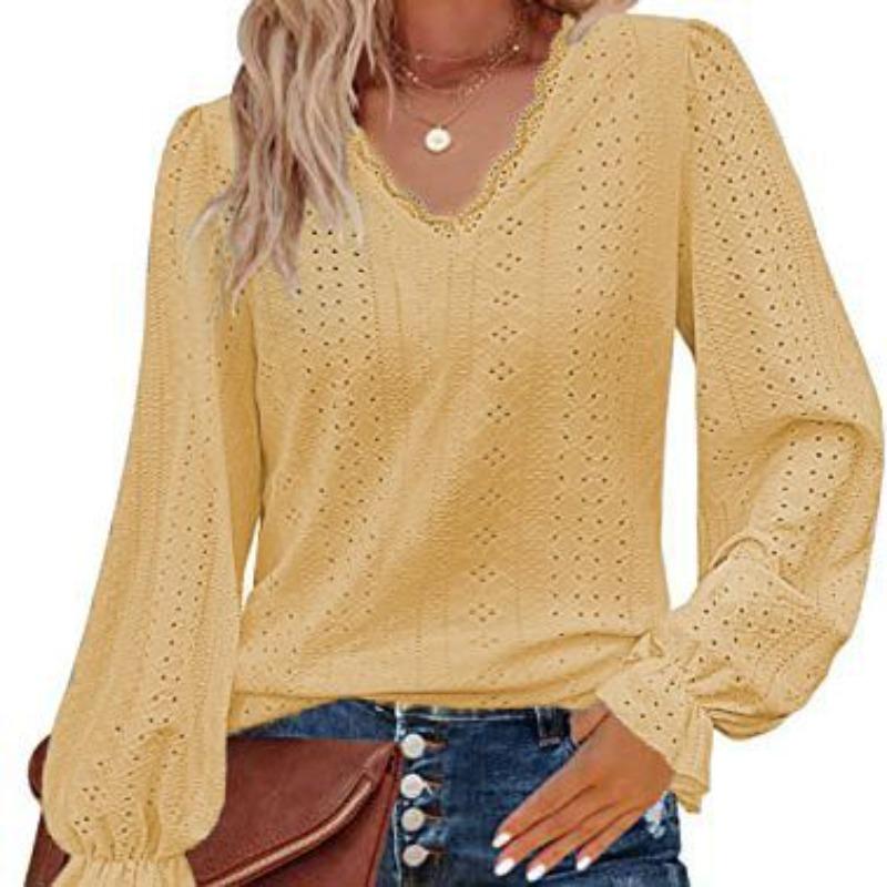 Spring and Summer Women's V-neck T-shirt Hollow Casual Pleated Sleeve Blouse Shirt