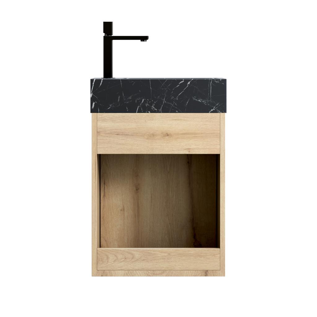 40cm Wall-mounted Bathroom Vanity with Undermount Basin, Black Marble, Plywood Cabinet with Stripes, One Door, Pre-assembled, White Oak Wood Grain