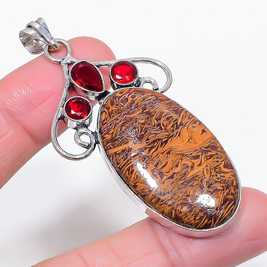 Natural Mariam Jasper, Garnet 925 Sterling Silver Jewelry Pendant 2.76" n6B82