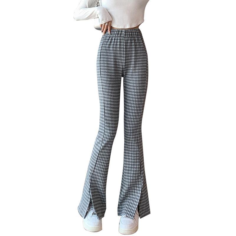 Grey Flared Pants Women's Trousers Autumn and Winter New High-waisted Split Checkerboard Drooping Feeling Lazy Wind Straight Casual Trousers