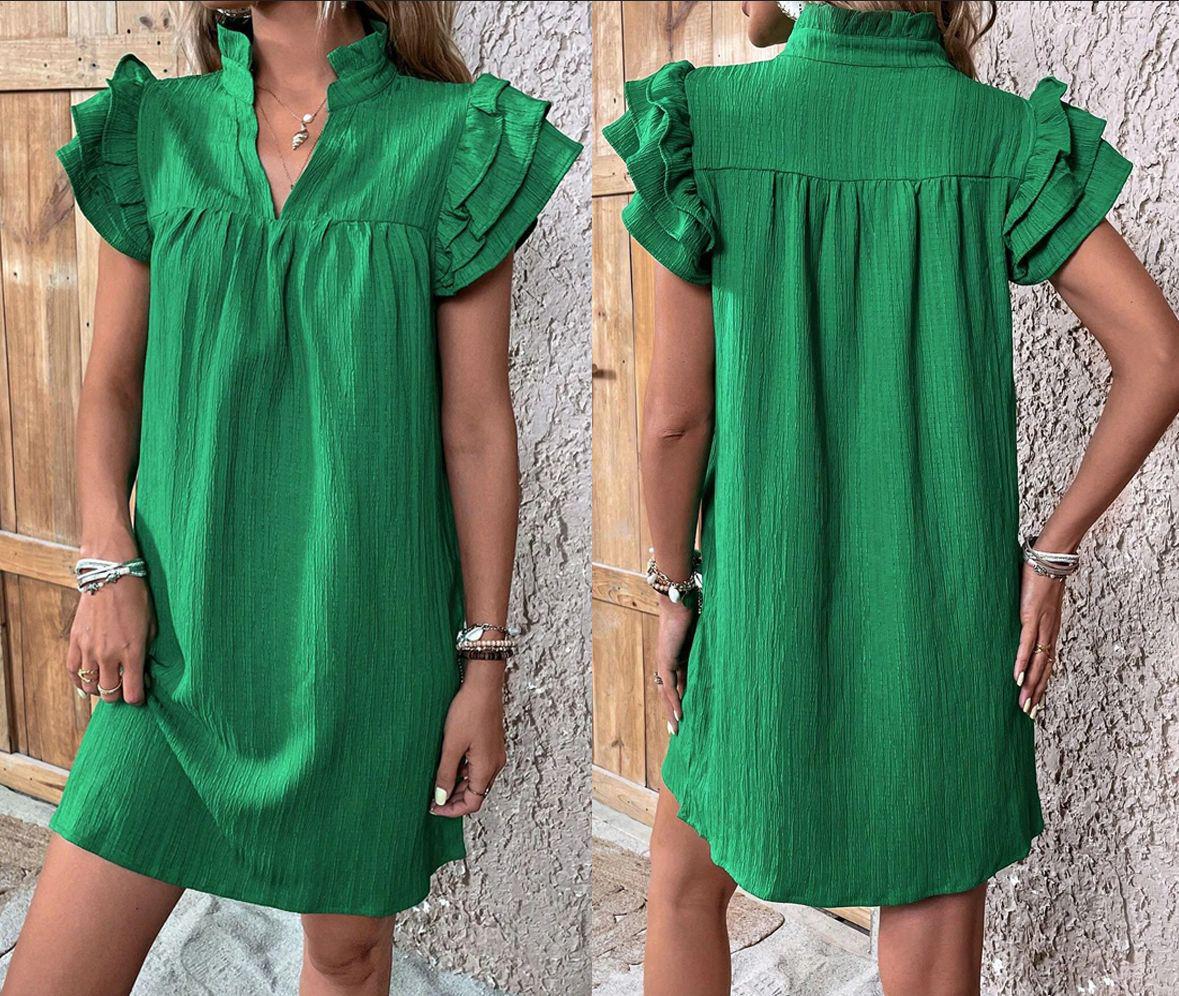 European & American Women s 2026 Summer Ruffle Sleeve V-neck Dress XL зелёный