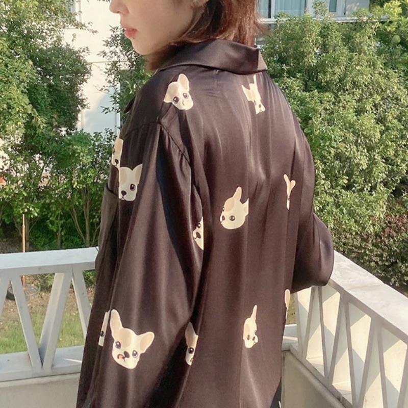 Eis Seide Druck Pyjamas Set Frauen Koreanische Vintage Chic Casual Hause Tragen Taste Up Langarm Hosen Anzug