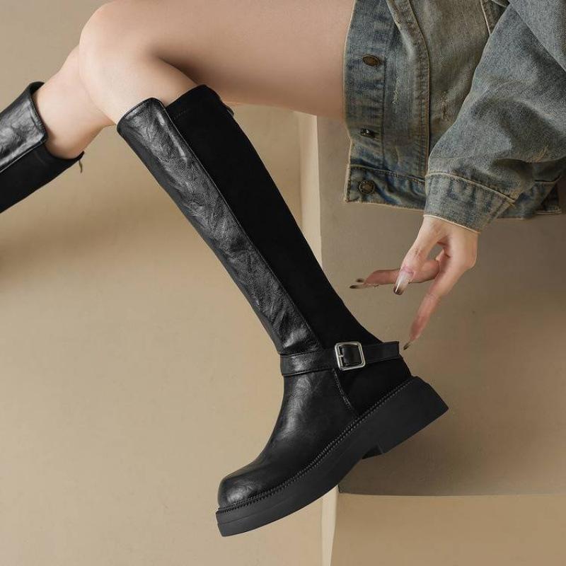 Autumn and winter thick-soled round-headed women's Martin boots solid color large-size rear zipper new comfortable and non-slip medium-heeled high b