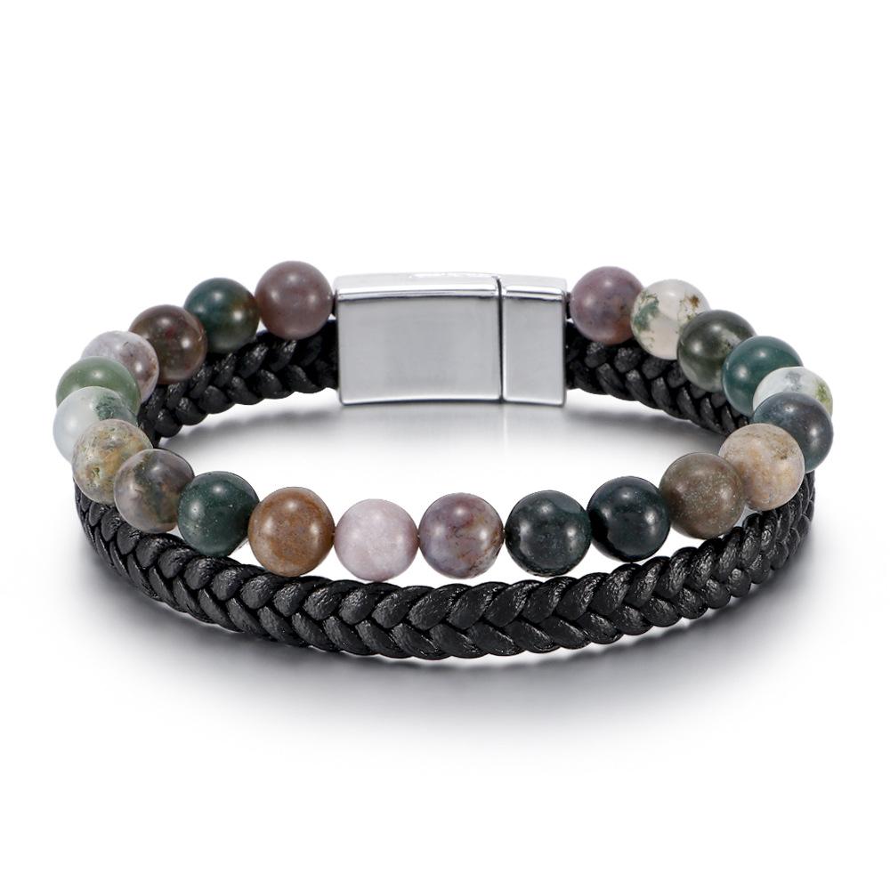 Natural Tiger Eye Stone Bracelet for Men Leather Cord Beaded Wristband Agate Bracelet Male Fashion Jewelry