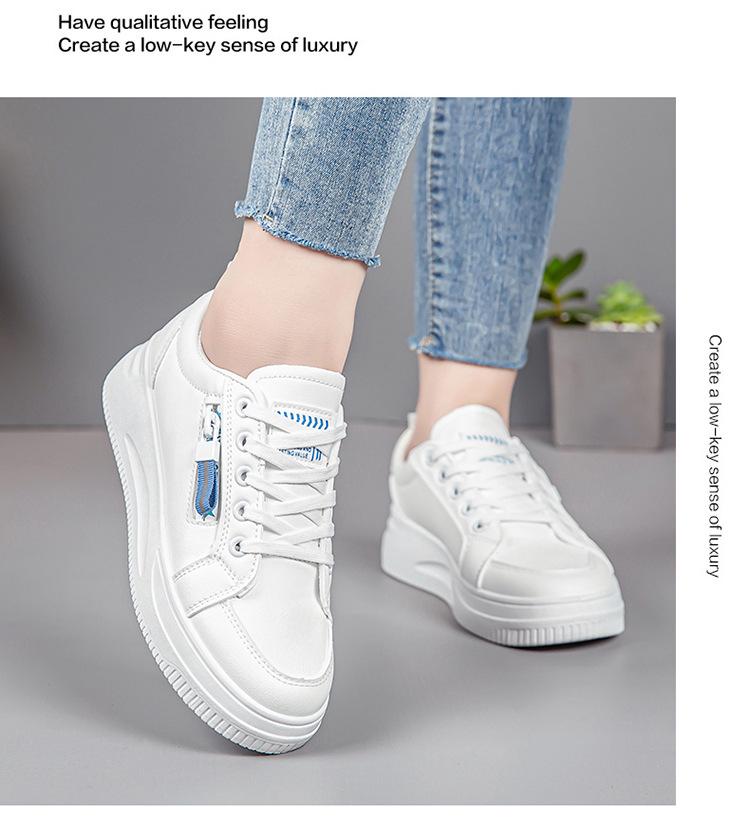 Women's Spring 2025 White Leather Panel Thick-Soled Casual Sport Shoes.