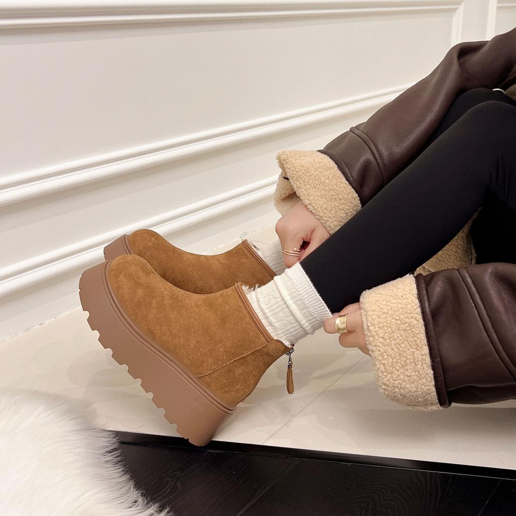 Plateau-Schneestiefel aus Leder Damen Winter Neu Samt Damen Schuhe Erhöht Oberbekleidung Verdickt Warme Baumwollschuhe