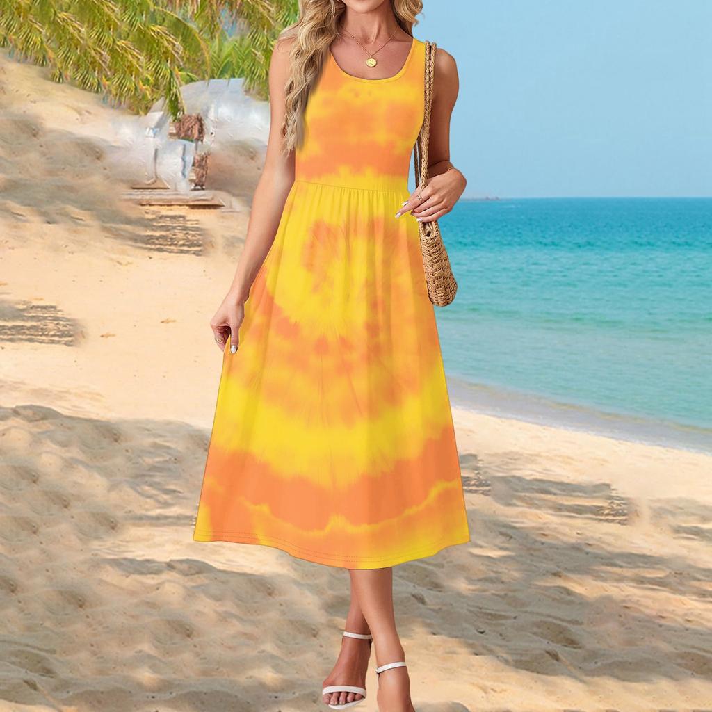 Fashionable women's summer dress with gradient print, elegant casual wear, beach vacation sun skirt with pocket