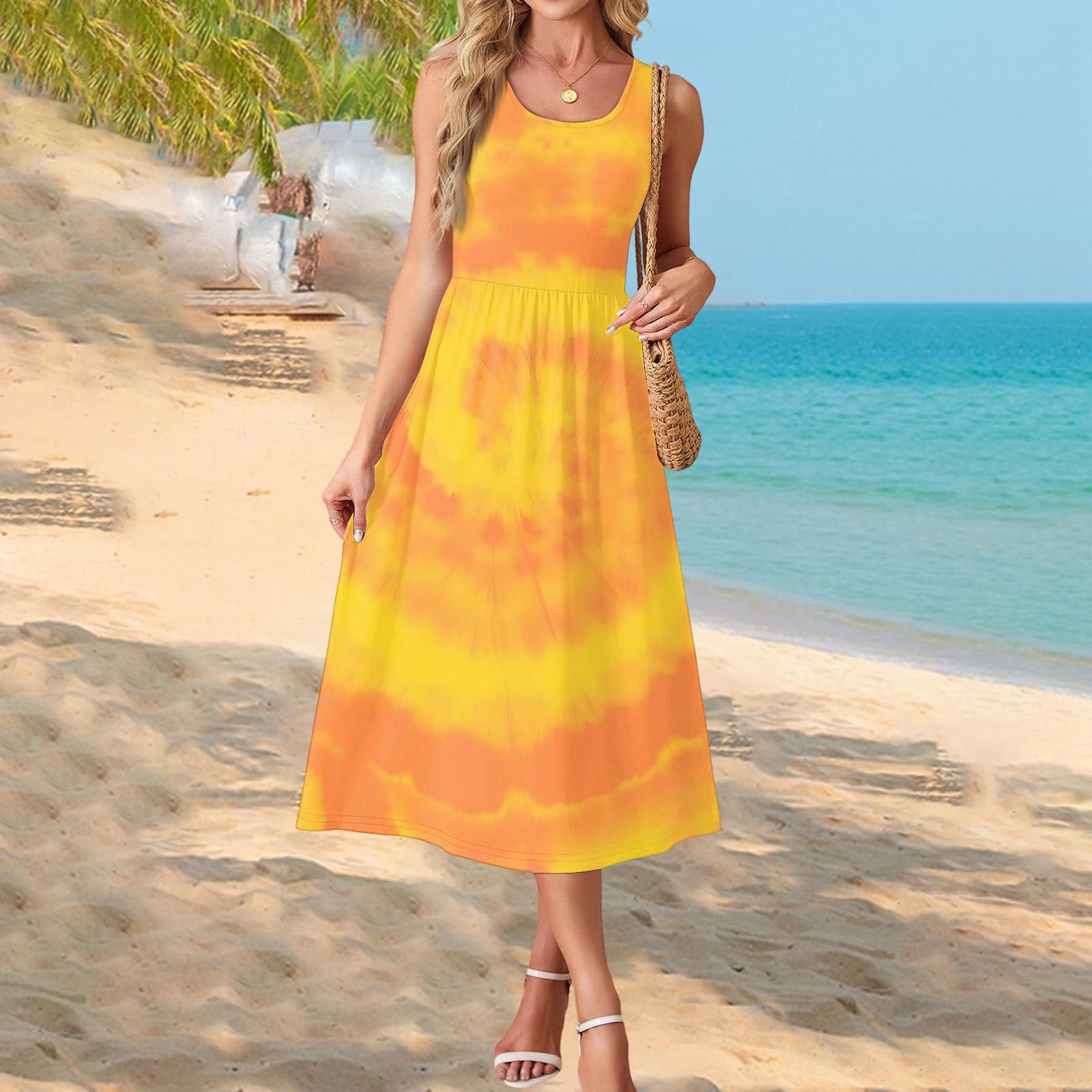 

Fashionable women s summer dress with gradient print, elegant casual wear, beach vacation sun skirt with pocket XL жовтий