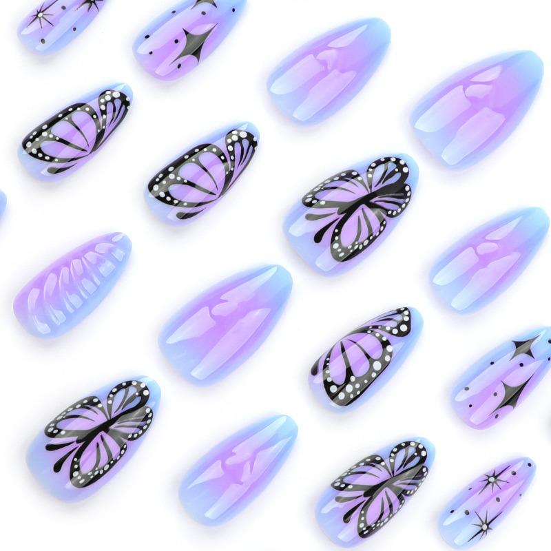 Purple Smudge 3D Love Wearing Nail Short Almond Manicure Fake Nail Butterfly Star Nails Nail Patch