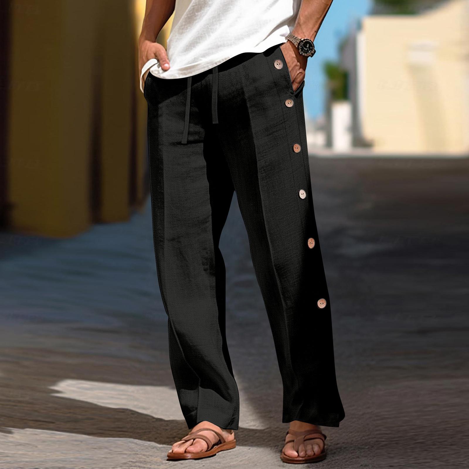 

Мужские повседневные свободные и удобные повседневные брюки, хлопковые льняные брюки с пуговицами S чёрный