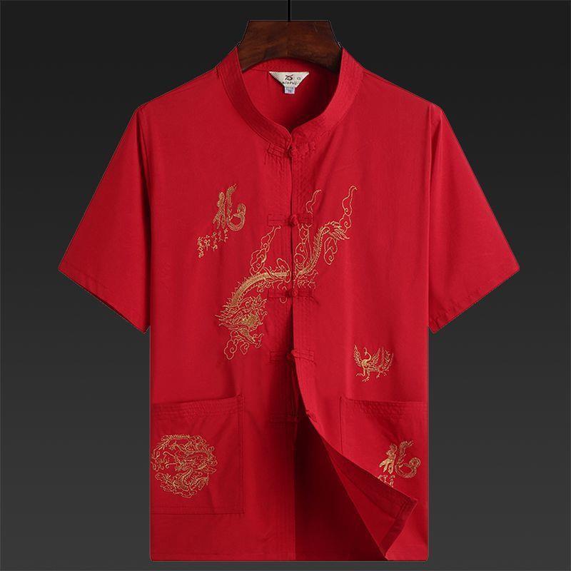 Men's Spring and Summer Vintage Short-sleeved Tops for Middle-aged and Elderly Chinese Style Morning Exercise Tai Chi Clothing