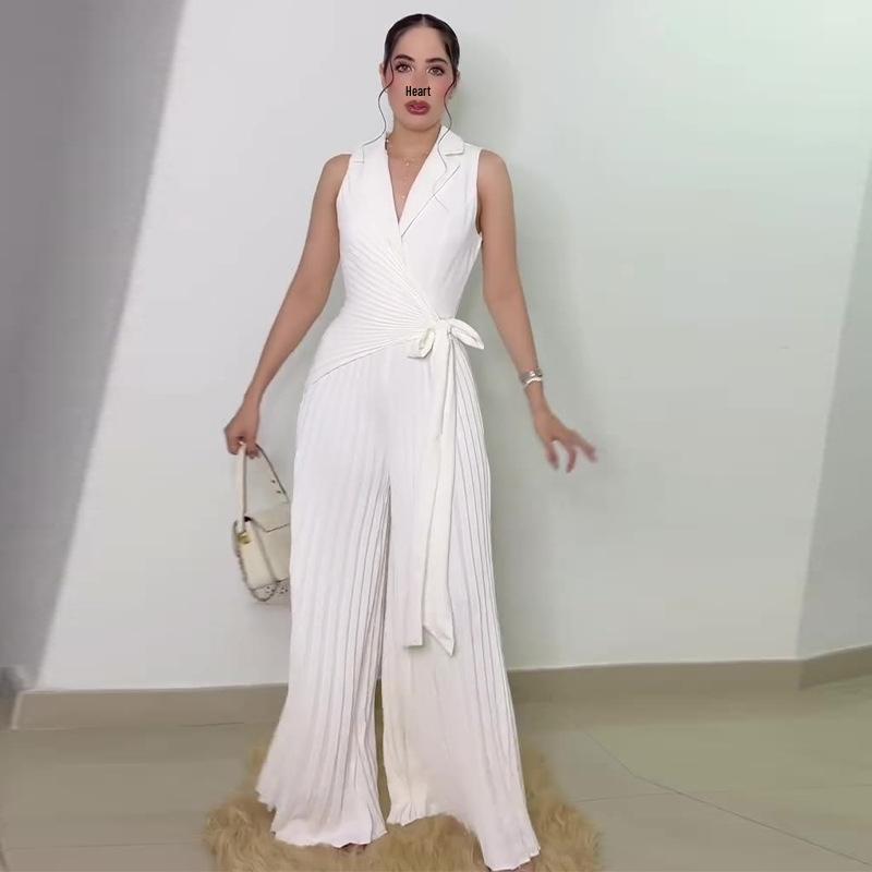 Tuta Larga Monocolore con Revers e Multi-Pieghe per Donna - Moda Estate 2025