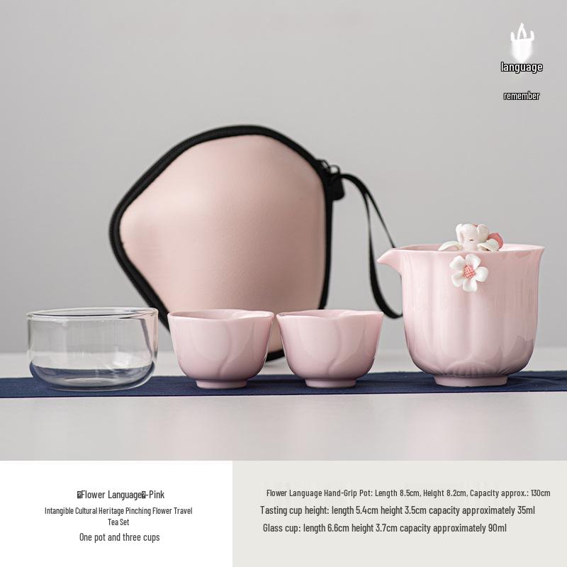 Portable Pink Ceramic Tea Set with One Pot & Three Cups - Ideal for Travel & Outdoor Use