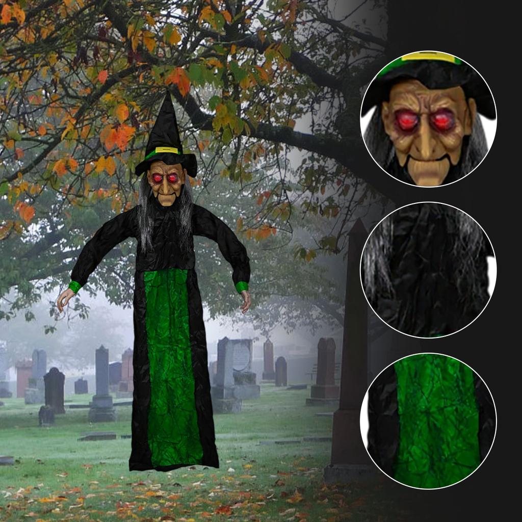 Horror Halloween Witch Hanging Electric Open Mouth Induction Light Sound Green Haunted House Witch Decoration