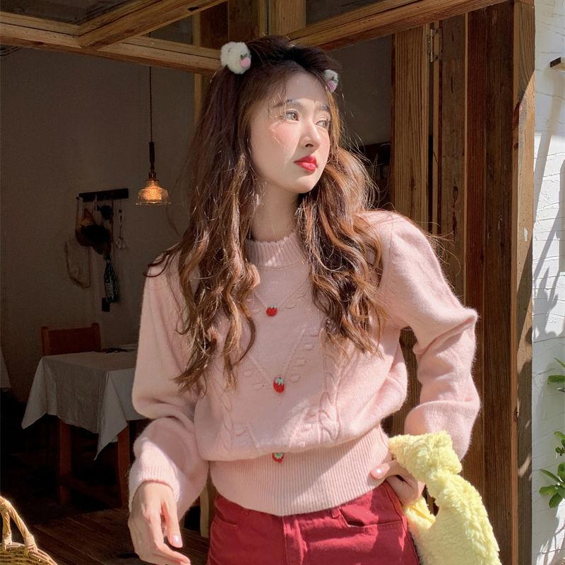 Sweet Girl Pink Little Strawberry Sweater Base with Soft Waxy Round Neck Long Sleeve Pullover Sweater Top