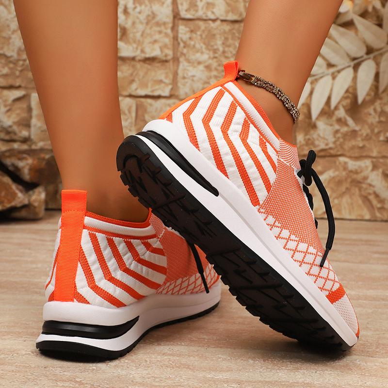 Fashion Orange White Striped Knitted Sneakers Women Plus Size Breathable Mesh Running Shoes Woman Non Slip Tennis Walking Shoes