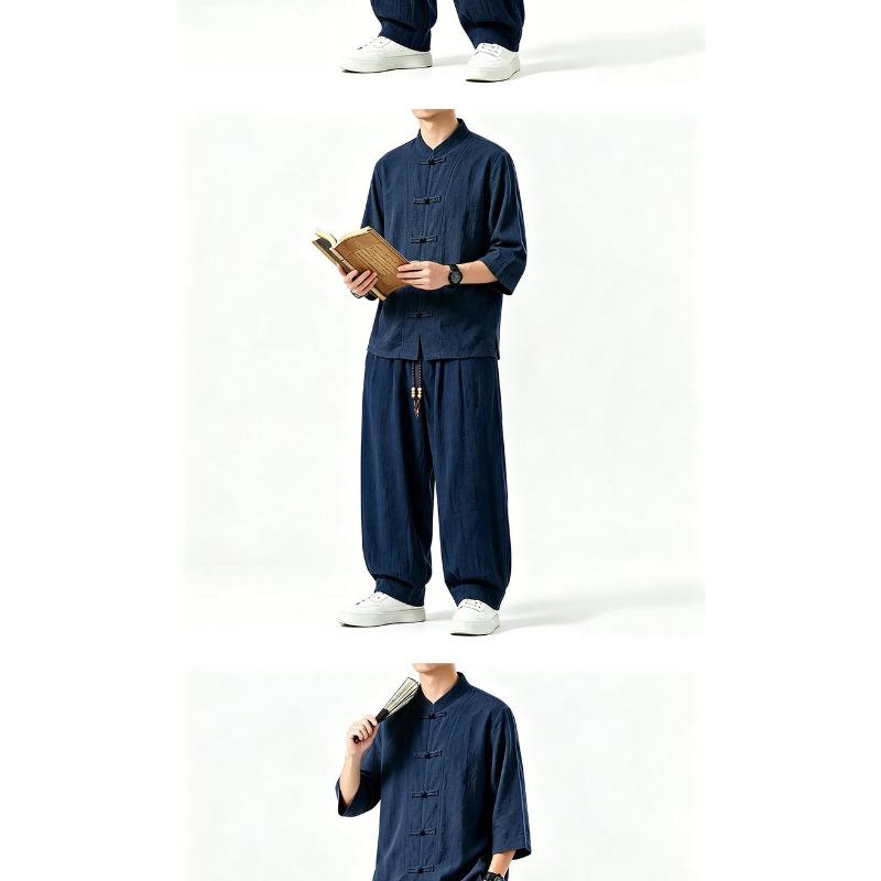Men Chinese Style Retro Stand Collar Shirt And Pants Casual Two Piece Set