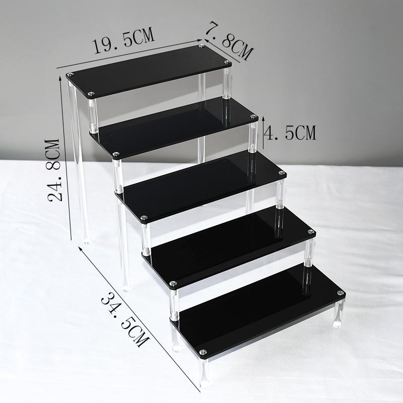 Black Acrylic Multi-Layer Display Stand for Model Figures, Bracelets, and Jewelry Storage.