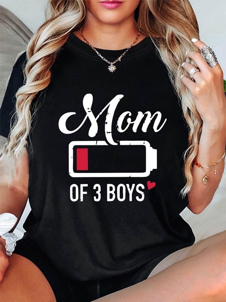 Super Mom, Fully ChargedLetter Print T-shirt, Short Sleeve Crew Neck Casual Top for Summer & Spring, Women's Clothing