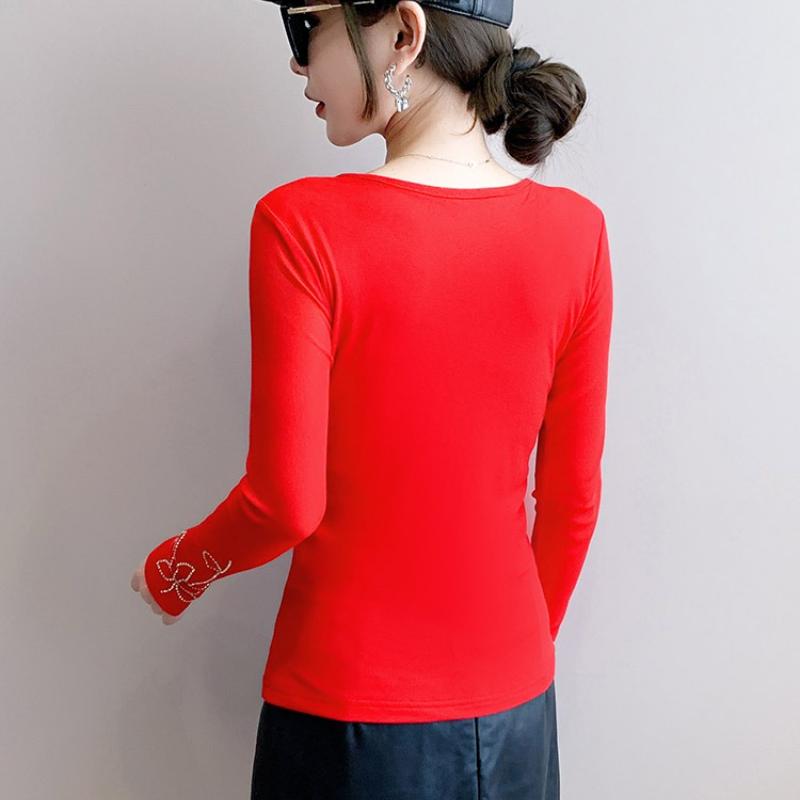 Spring Autumn Women's Hotfix Rhinestone T-Shirt Elegant O-neck Full Sleeve Tees Slim Ladies Tops